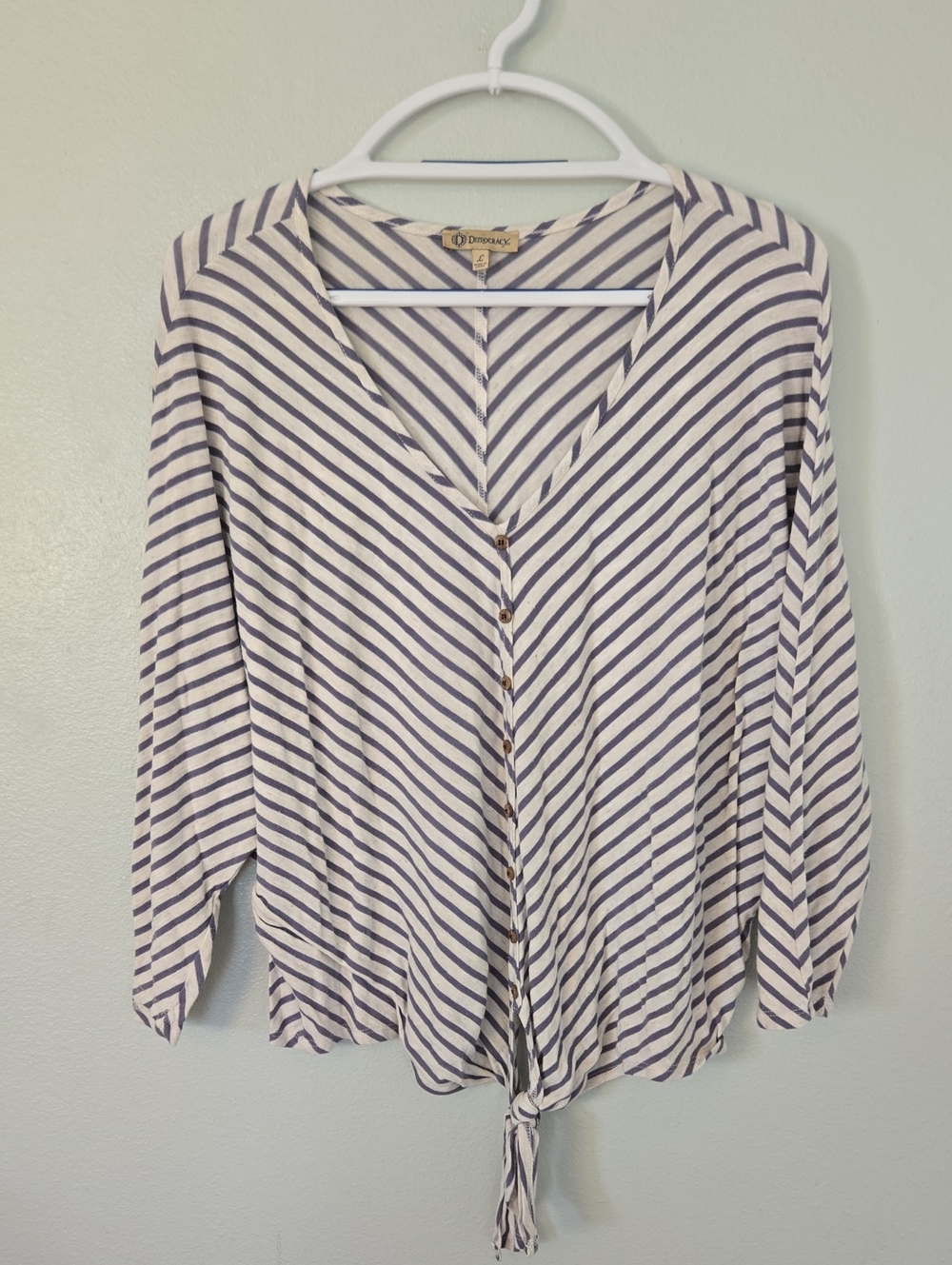 Democracy | Blue Striped Linen Blend Bat Wing Tie Front Top Size Large